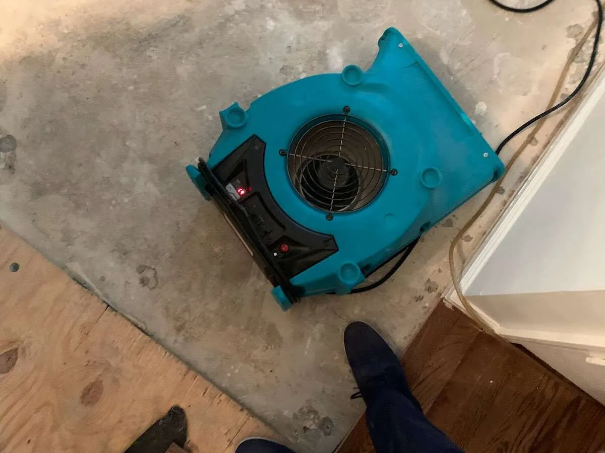 Air mover drying subfloor during Leak Detection & Repair in Andover